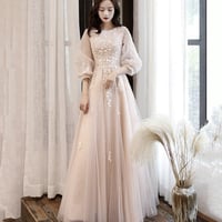 Cute tulle lace long prom dress A line evening dress - Thumbnail 8