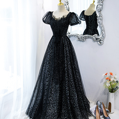 Black tulle sequins long prom dress black evening dress - Thumbnail 3