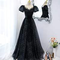 Black tulle sequins long prom dress black evening dress - Thumbnail 1