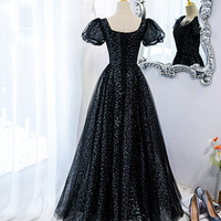 Black tulle sequins long prom dress black evening dress - Thumbnail 4