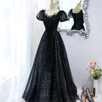 Black tulle sequins long prom dress black evening dress - Thumbnail 5