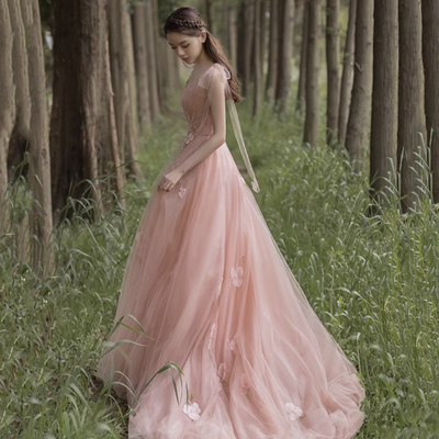 Pink 3d flowers long prom dress a line evening dress - Thumbnail 3