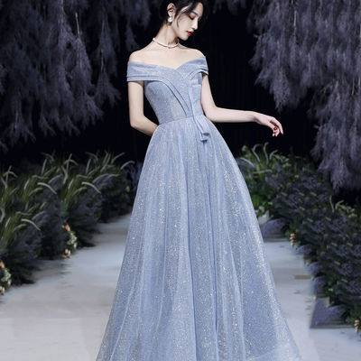 Blue tulle sequins long prom dress blue evening dress - Thumbnail 1