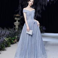 Blue tulle sequins long prom dress blue evening dress - Thumbnail 1