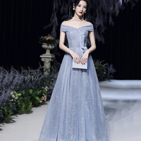 Blue tulle sequins long prom dress blue evening dress - Thumbnail 2