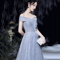 Blue tulle sequins long prom dress blue evening dress - Thumbnail 3