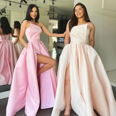 Charming a-line strapless pink satin prom dresses with slit - Thumbnail 2