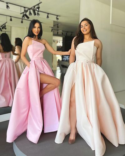 Charming A-Line Strapless Pink Satin Prom Dresses with Slit