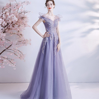 Purple tulle sequins long prom dress A line evening dress - Thumbnail 3