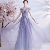 Purple tulle sequins long prom dress A line evening dress - Thumbnail 5