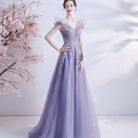 Purple tulle sequins long prom dress A line evening dress - Thumbnail 6