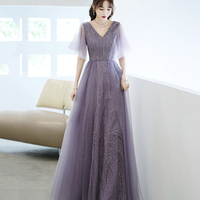 Purple tulle sequins long prom dress A line evening dress - Thumbnail 1
