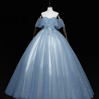Blue tulle lace long ball gown dress A line formal dress - Thumbnail 4
