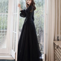 Black tulle lace long prom dress A line evening dress - Thumbnail 1