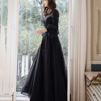 Black tulle lace long prom dress A line evening dress - Thumbnail 2
