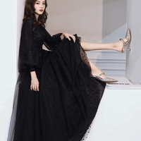 Black tulle lace long prom dress A line evening dress - Thumbnail 4