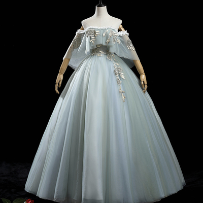 Green tulle lace long prom dress a line formal dress - Thumbnail 1