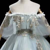 Green tulle lace long prom dress A line formal dress - Thumbnail 1