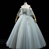 Green tulle lace long prom dress A line formal dress - Thumbnail 2