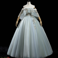 Green tulle lace long prom dress A line formal dress - Thumbnail 4