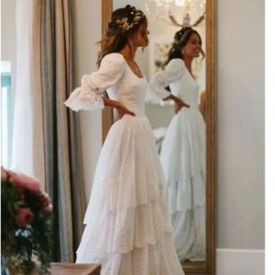 Rustic boho wedding dress vintage bohemian lace a line bride gown lantern sleeves tiered princess wedding gowns country verng