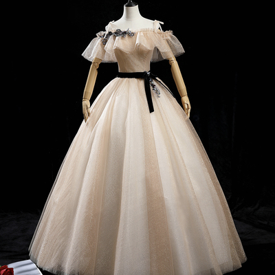 Champagne tulle sequins long prom dress formal dress - Thumbnail 5