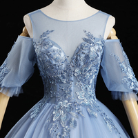 Blue tulle lace long prom dress A line evening dress - Thumbnail 1