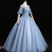 Blue tulle lace long prom dress A line evening dress - Thumbnail 2