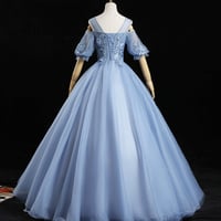 Blue tulle lace long prom dress A line evening dress - Thumbnail 3