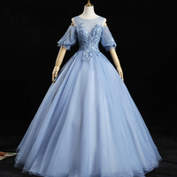 Blue tulle lace long prom dress A line evening dress - Thumbnail 4