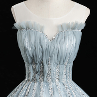 Blue tulle sequins long prom dress A line formal dress - Thumbnail 1