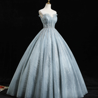 Blue tulle sequins long prom dress A line formal dress - Thumbnail 2