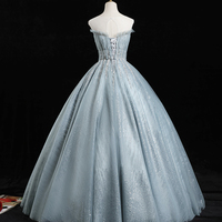 Blue tulle sequins long prom dress A line formal dress - Thumbnail 3
