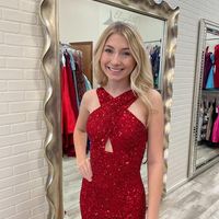 Charming Mermaid Cross Neck Red Sequins Long Prom Dresses with Slit - Thumbnail 1