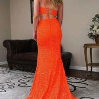 Fashion Sparkly Two Piece Mermaid V Neck Straps Orange Sequins Long Prom Dress with Slit - Thumbnail 1