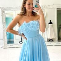 Cute A Line Strapless Light Blue Chiffon Long Prom Dresses with Ostrich - Thumbnail 1