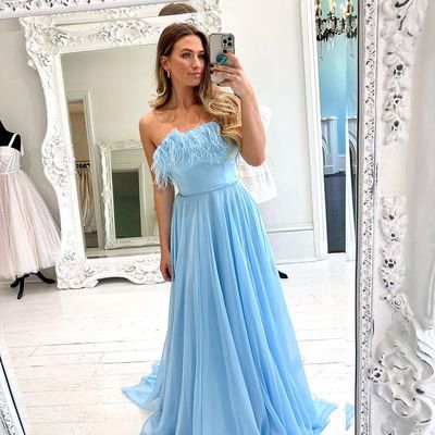 Cute a line strapless light blue chiffon long prom dresses with ostrich - Thumbnail 3