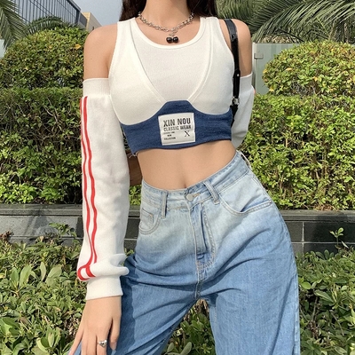 Cute Patchwork Letter Label T-shirt Separate Sleeve Crop Top Bodycon Streetwear Summer Aesthetic Casual E-Girl Kawaii Korean Japanese Harajuku