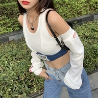 Cute Patchwork Letter Label T-shirt Separate Sleeve Crop Top Bodycon Streetwear Summer Aesthetic Casual E-Girl Kawaii Korean Japanese Harajuku - Thumbnail 1