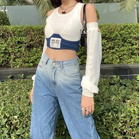 Cute Patchwork Letter Label T-shirt Separate Sleeve Crop Top Bodycon Streetwear Summer Aesthetic Casual E-Girl Kawaii Korean Japanese Harajuku - Thumbnail 3