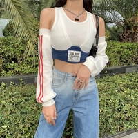 Cute Patchwork Letter Label T-shirt Separate Sleeve Crop Top Bodycon Streetwear Summer Aesthetic Casual E-Girl Kawaii Korean Japanese Harajuku - Thumbnail 2