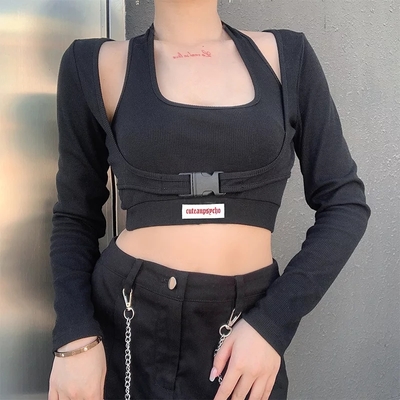 Cute Sexy 2pcs Set Black Halter Crop Top Tank Buckle Long Sleeve T-shirt Tracksuit Summer Aesthetic Casual E-Girl Kawaii Korean Japanese Harajuku