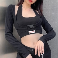 Cute Sexy 2pcs Set Black Halter Crop Top Tank Buckle Long Sleeve T-shirt Tracksuit Summer Aesthetic Casual E-Girl Kawaii Korean Japanese Harajuku - Thumbnail 1
