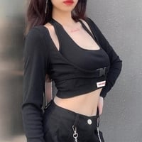 Cute Sexy 2pcs Set Black Halter Crop Top Tank Buckle Long Sleeve T-shirt Tracksuit Summer Aesthetic Casual E-Girl Kawaii Korean Japanese Harajuku - Thumbnail 2