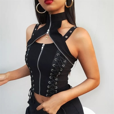 Cute black zipper choker halter sleeveless bandage tank crop top punk goth summer aesthetic club e-girl kawaii korean japanese harajuku - Thumbnail 4