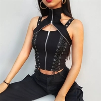 Cute Black Zipper Choker Halter Sleeveless Bandage Tank Crop Top Punk Goth Summer Aesthetic Club E-Girl Kawaii Korean Japanese Harajuku - Thumbnail 1