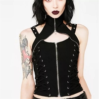 Cute Black Zipper Choker Halter Sleeveless Bandage Tank Crop Top Punk Goth Summer Aesthetic Club E-Girl Kawaii Korean Japanese Harajuku - Thumbnail 5