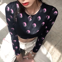 Cute Sexy 2pcs Moon Print Long Sleeve T-shirt Crop Top With Bra Camisole Summer Aesthetic Casual E-Girl Kawaii Korean Japanese Harajuku - Thumbnail 3