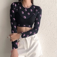 Cute Sexy 2pcs Moon Print Long Sleeve T-shirt Crop Top With Bra Camisole Summer Aesthetic Casual E-Girl Kawaii Korean Japanese Harajuku - Thumbnail 2