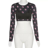 Cute Sexy 2pcs Moon Print Long Sleeve T-shirt Crop Top With Bra Camisole Summer Aesthetic Casual E-Girl Kawaii Korean Japanese Harajuku - Thumbnail 5